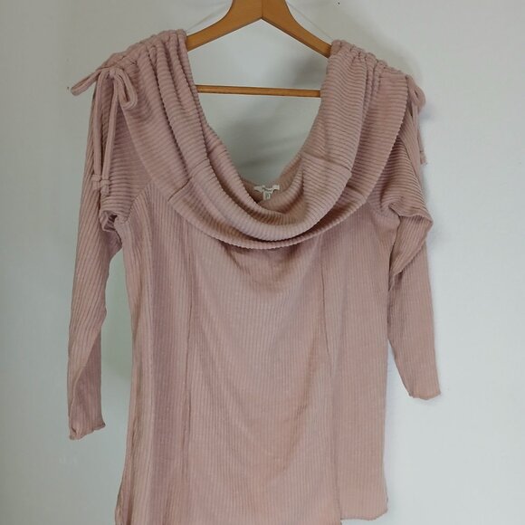 UEC Maurice's Cowl Neck Cinch Shoulder Sweater Blush Pink Ribbed Coquette sz 1X - Picture 7 of 13